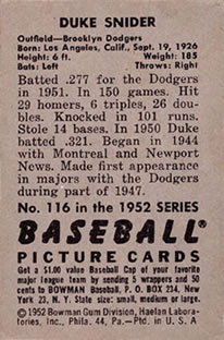 1952 Bowman #116 Duke Snider Back