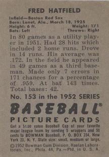 1952 Bowman #153 Fred Hatfield Back