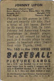 1952 Bowman #163 Johnny Lipon Back