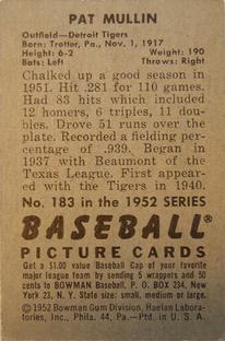1952 Bowman #183 Pat Mullin Back