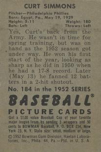 1952 Bowman #184 Curt Simmons Back