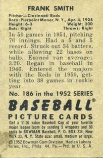 1952 Bowman #186 Frank Smith Back