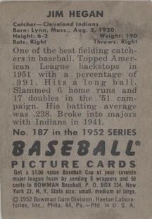 1952 Bowman #187 Jim Hegan Back