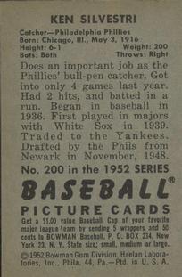 1952 Bowman #200 Ken Silvestri Back