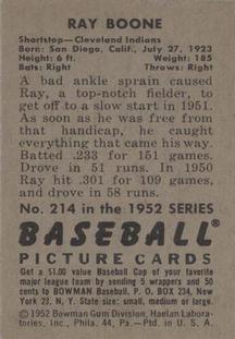1952 Bowman #214 Ray Boone Back