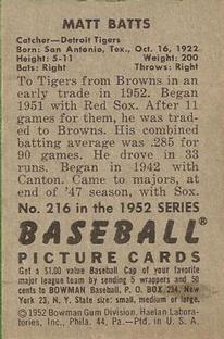 1952 Bowman #216 Matt Batts Back