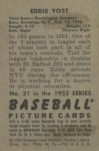 1952 Bowman #31 Eddie Yost Back