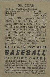 1952 Bowman #51 Gil Coan Back