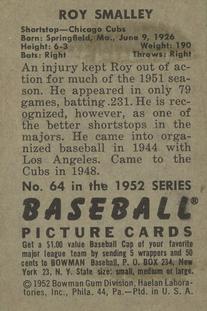 1952 Bowman #64 Roy Smalley Back