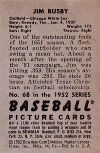 1952 Bowman #68 Jim Busby Back