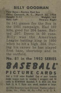 1952 Bowman #81 Billy Goodman Back