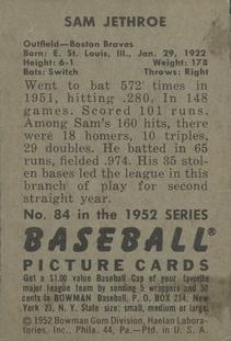 1952 Bowman #84 Sam Jethroe Back