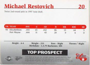 1999 Multi-Ad Midwest League Top Prospects #20 Michael Restovich Back