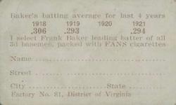 1922 Fans Cigarettes (T231) #61 Home Run Baker Back