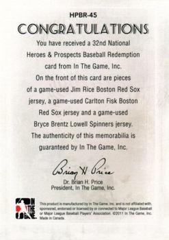2011 In The Game Heroes & Prospects 32nd National #HPBR-45 Jim Rice / Carlton Fisk / Bryce Brentz Back