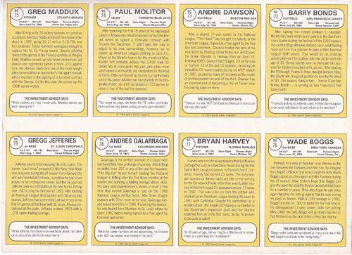1993 Baseball Card Magazine / Sports Card Magazine - Panels #SC72-SC79 Barry Bonds / Andre Dawson / Paul Molitor / Greg Maddux / Wade Boggs / Bryan Harvey / Andres Galarraga / Gregg Jefferies Back