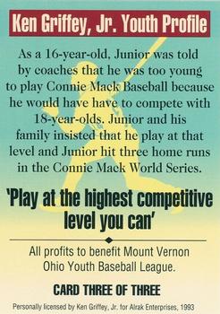 1993 Alrak Enterprises Ken Griffey, Jr. Mount Vernon Youth Baseball League Benefit #3 Ken Griffey, Jr. Back