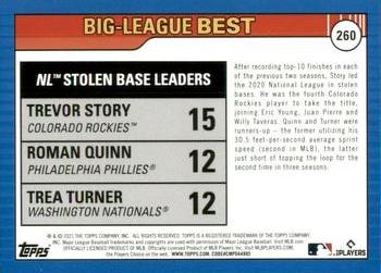 2021 Topps Big League #260 NL Stolen Base Leaders (Trevor Story / Roman Quinn / Trea Turner) Back