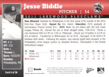 2011 MultiAd Lakewood BlueClaws SGA #5 Jesse Biddle Back