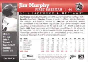 2011 MultiAd Lakewood BlueClaws SGA #23 Jim Murphy Back
