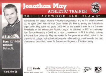 2011 MultiAd Lakewood BlueClaws SGA #34 Jonathan May Back