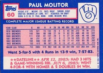 1984 Topps - Collector's Edition (Tiffany) #60 Paul Molitor Back