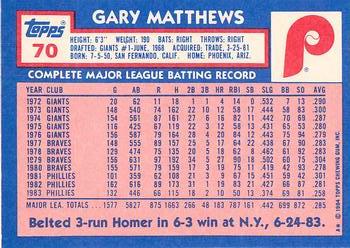1984 Topps - Collector's Edition (Tiffany) #70 Gary Matthews Back