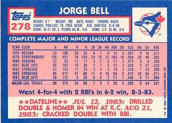 1984 Topps - Collector's Edition (Tiffany) #278 Jorge Bell Back