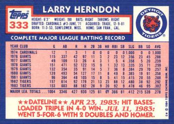 1984 Topps - Collector's Edition (Tiffany) #333 Larry Herndon Back