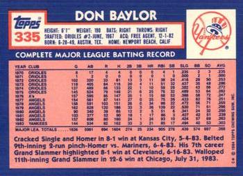 1984 Topps - Collector's Edition (Tiffany) #335 Don Baylor Back