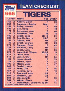 1984 Topps - Collector's Edition (Tiffany) #666 Tigers Leaders / Checklist (Lou Whitaker / Jack Morris) Back