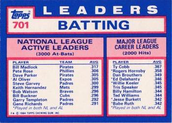 1984 Topps - Collector's Edition (Tiffany) #701 NL Active Career Batting Leaders (Bill Madlock / Pete Rose / Dave Parker) Back