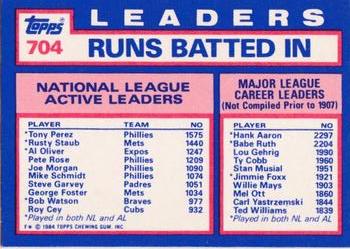 1984 Topps - Collector's Edition (Tiffany) #704 NL Active Career RBI Leaders (Tony Perez / Rusty Staub / Al Oliver) Back