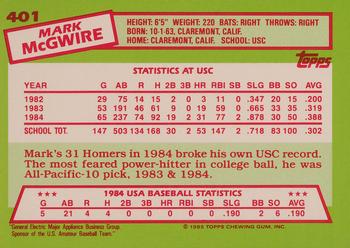 1985 Topps - Collector's Edition (Tiffany) #401 Mark McGwire Back