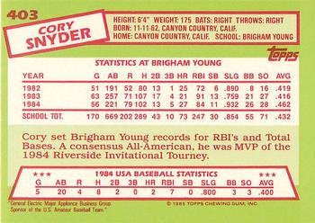 1985 Topps - Collector's Edition (Tiffany) #403 Cory Snyder Back