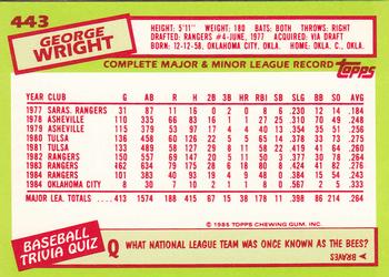 1985 Topps - Collector's Edition (Tiffany) #443 George Wright Back
