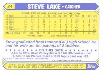 1987 Topps - Collector's Edition (Tiffany) #84 Steve Lake Back