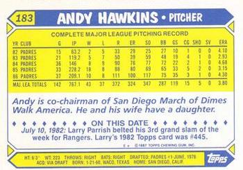 1987 Topps - Collector's Edition (Tiffany) #183 Andy Hawkins Back