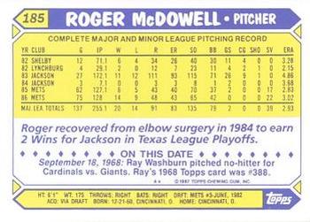 1987 Topps - Collector's Edition (Tiffany) #185 Roger McDowell Back
