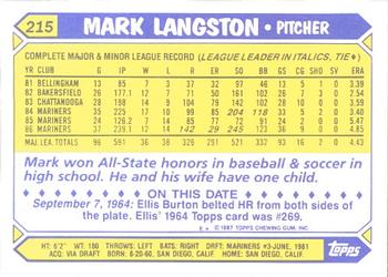 1987 Topps - Collector's Edition (Tiffany) #215 Mark Langston Back