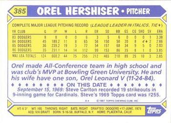 1987 Topps - Collector's Edition (Tiffany) #385 Orel Hershiser Back