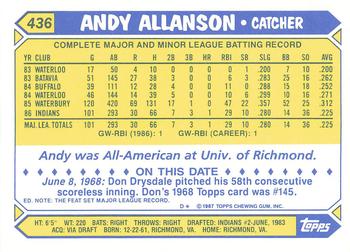 1987 Topps - Collector's Edition (Tiffany) #436 Andy Allanson Back