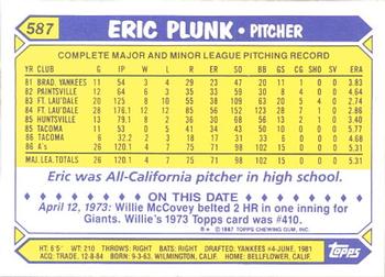 1987 Topps - Collector's Edition (Tiffany) #587 Eric Plunk Back