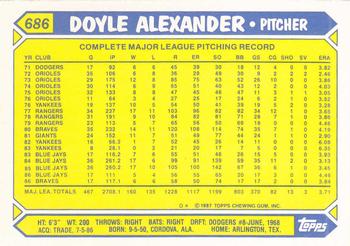 1987 Topps - Collector's Edition (Tiffany) #686 Doyle Alexander Back