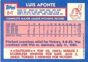 1984 Topps Traded - Limited Edition (Tiffany) #2T Luis Aponte Back