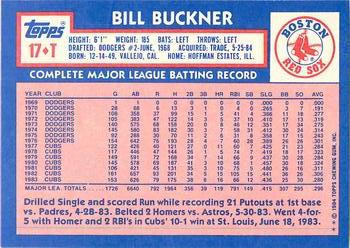 1984 Topps Traded - Limited Edition (Tiffany) #17T Bill Buckner Back