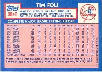 1984 Topps Traded - Limited Edition (Tiffany) #38T Tim Foli Back