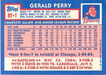 1984 Topps Traded - Limited Edition (Tiffany) #92T Gerald Perry Back