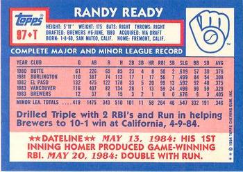 1984 Topps Traded - Limited Edition (Tiffany) #97T Randy Ready Back