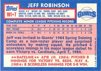 1984 Topps Traded - Limited Edition (Tiffany) #101T Jeff Robinson Back